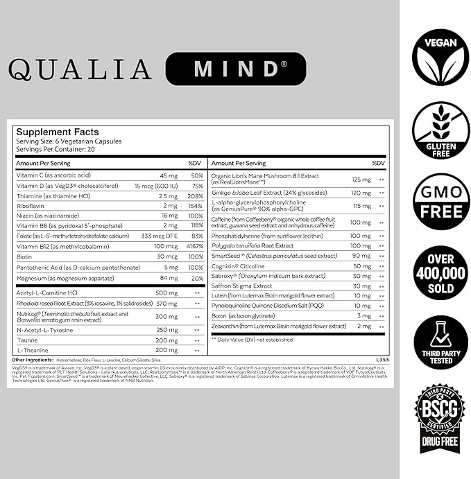 Qualia Mind Brain Supplement – Focus, Concentration & Long-Term Cognitive Support, 6 Week Supply
