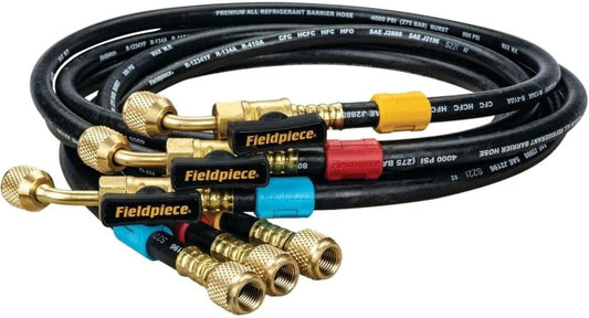 Fieldpiece HR3B Refrigerant Charging Hoses with Ball Valve – 3 Pack 1/4" x 1/4", Color-Coded HVAC Set