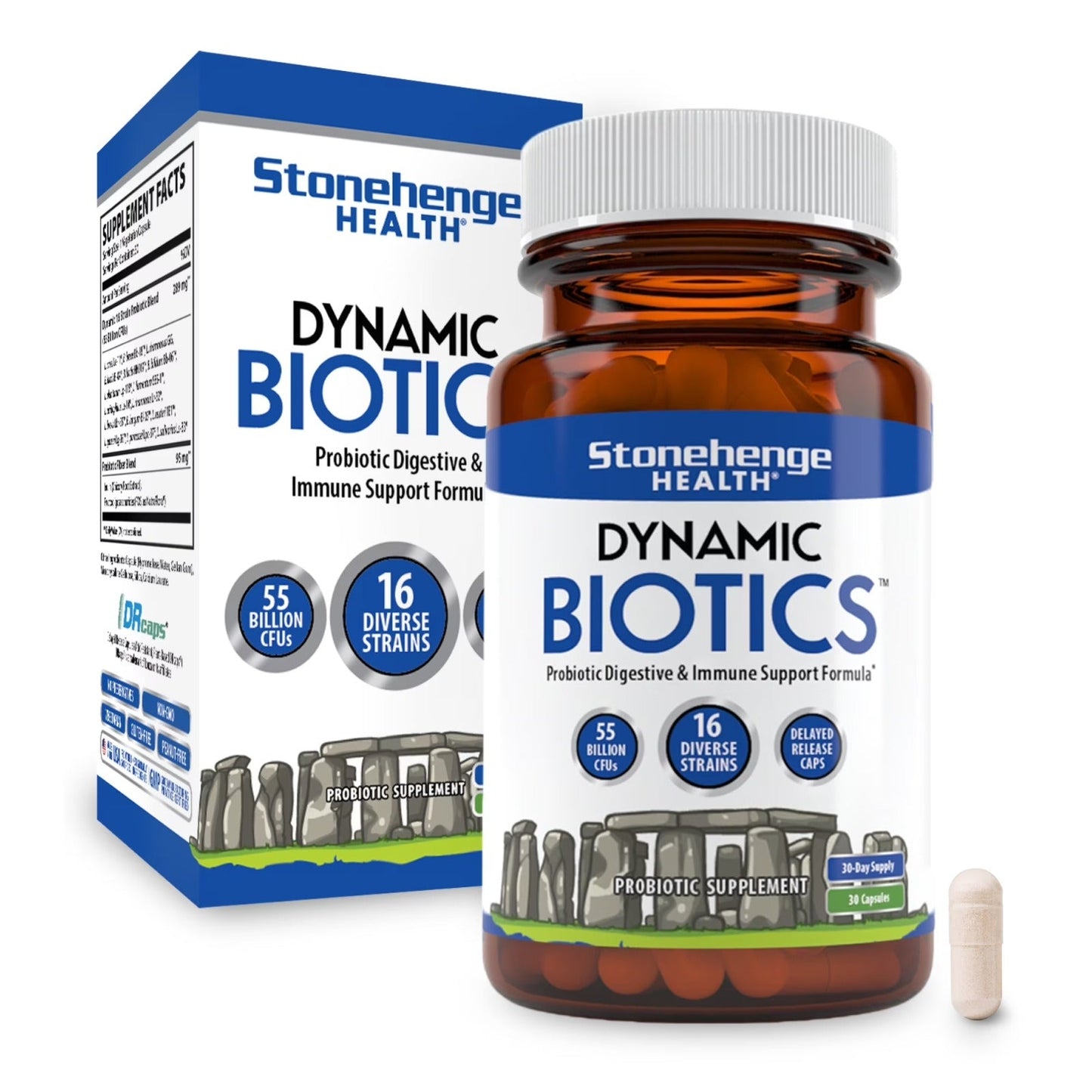 Stonehenge Health Dynamic Biotics – 55 Billion CFU Probiotic with 16 Strains & Prebiotic, Gut Health Support