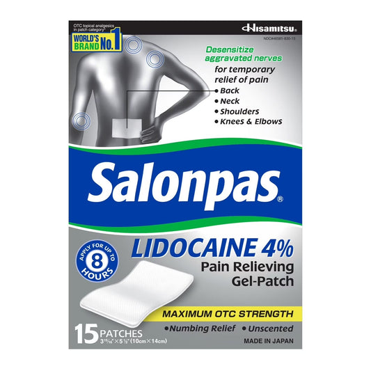 Salonpas Lidocaine Gel Patch – Fast Acting Pain Relief for Muscle & Joint Pain, 15 ct