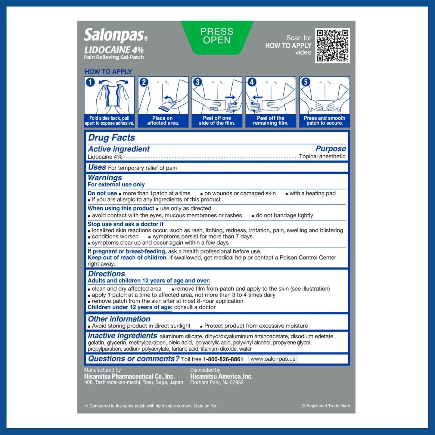 Salonpas Lidocaine Gel Patch – Fast Acting Pain Relief for Muscle & Joint Pain, 15 ct