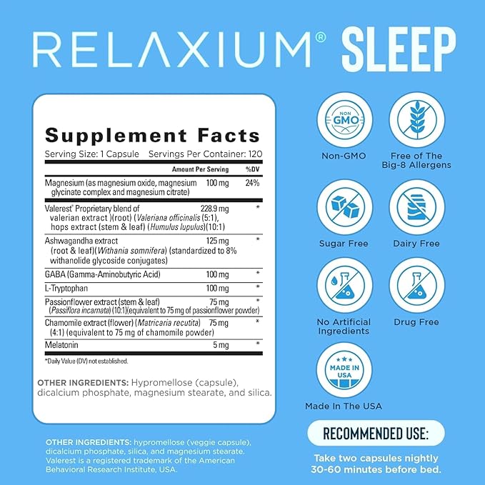 Relaxium Sleep Supplement for Adults – Melatonin, Magnesium Glycinate, Ashwagandha & Valerest, 120 Capsules